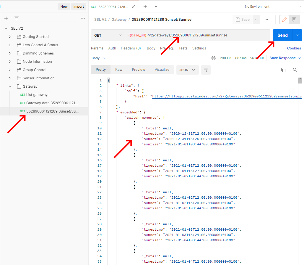 Request the sunset and sunrise moments associated with a gateway img